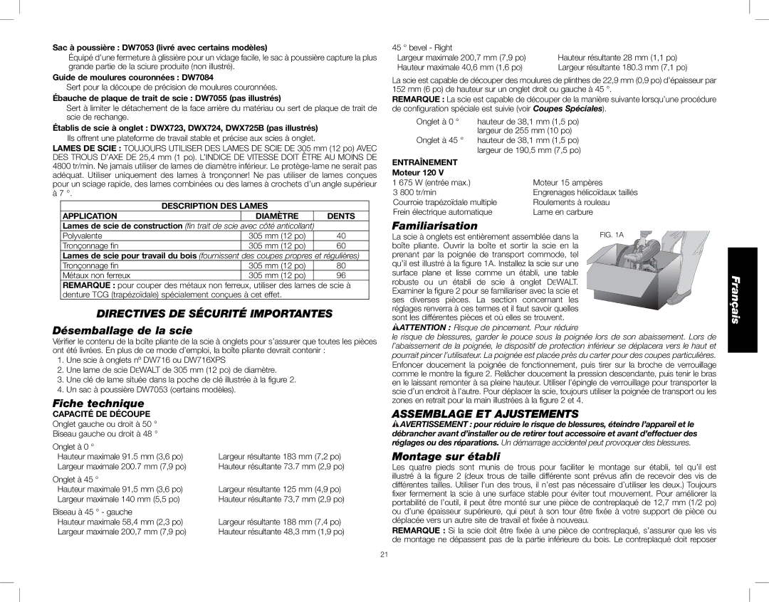 DeWalt DW716XPS Désemballage de la scie, Fiche technique, Familiarisation, Assemblage ET Ajustements, Montage sur établi 