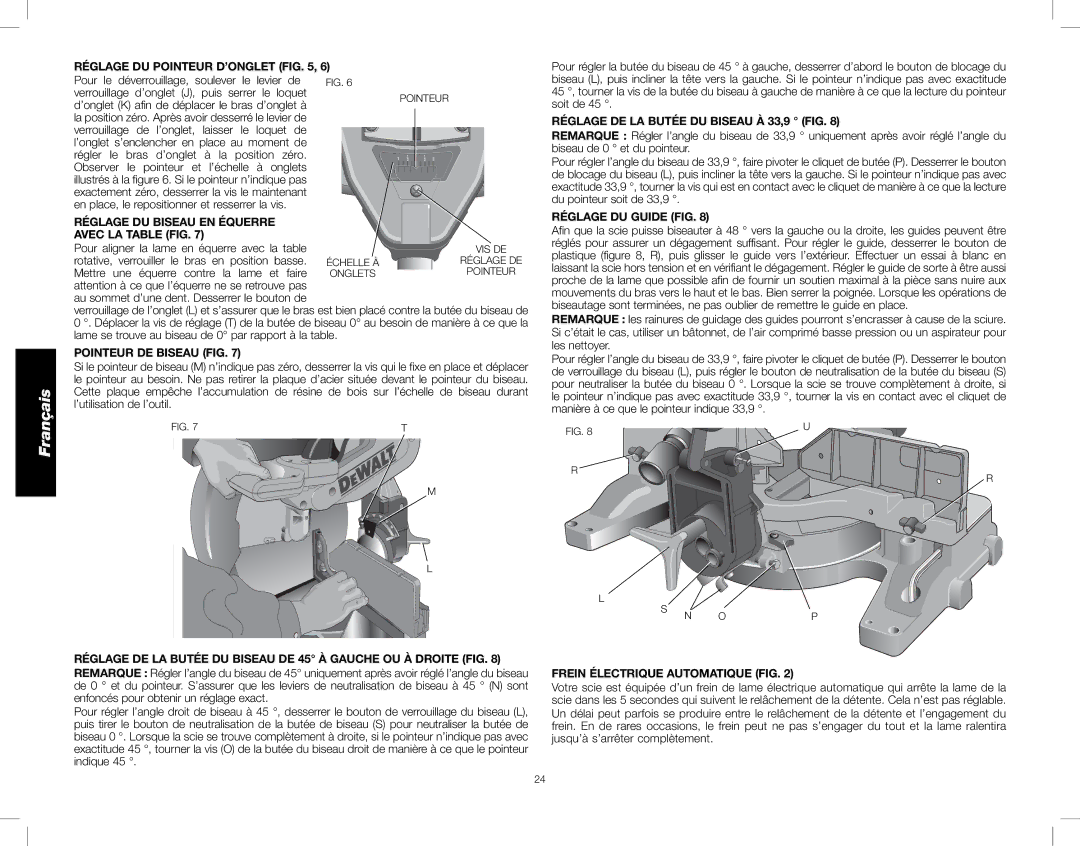 DeWalt DW716XPS Réglage DU Pointeur D’ONGLET, Réglage DU Biseau EN Équerre Avec LA Table FIG, Pointeur DE Biseau FIG 