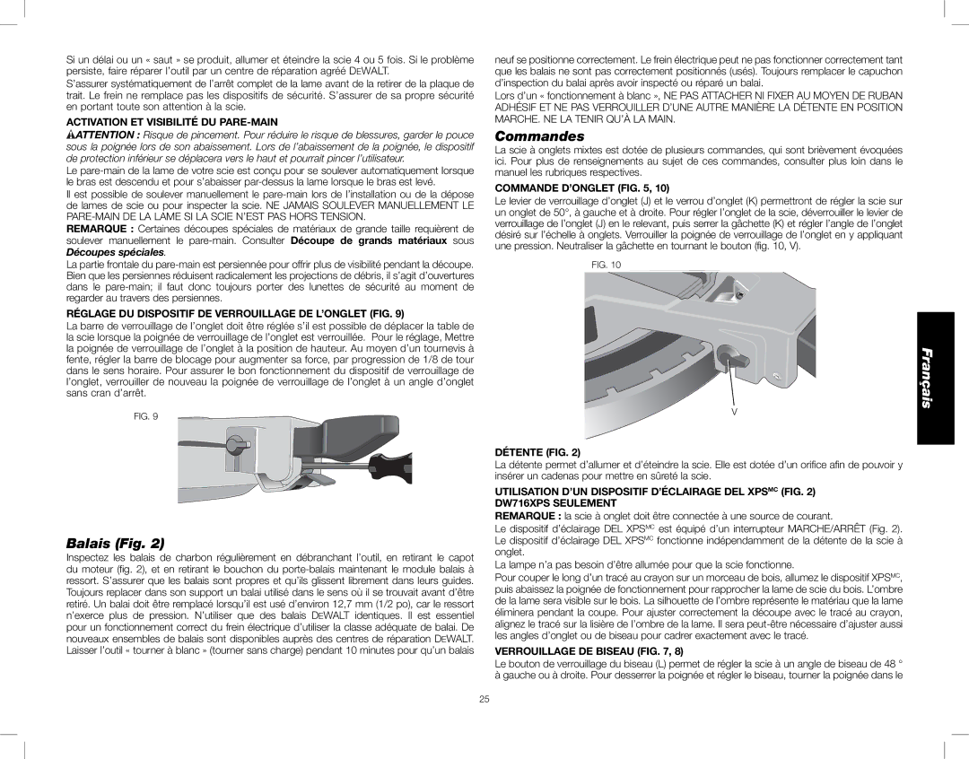 DeWalt DW716XPS instruction manual Balais Fig, Commandes 