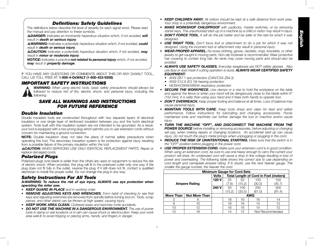 DeWalt DW716XPS Deﬁnitions Safety Guidelines, Double Insulation, Polarized Plugs, Safety Instructions For All Tools 