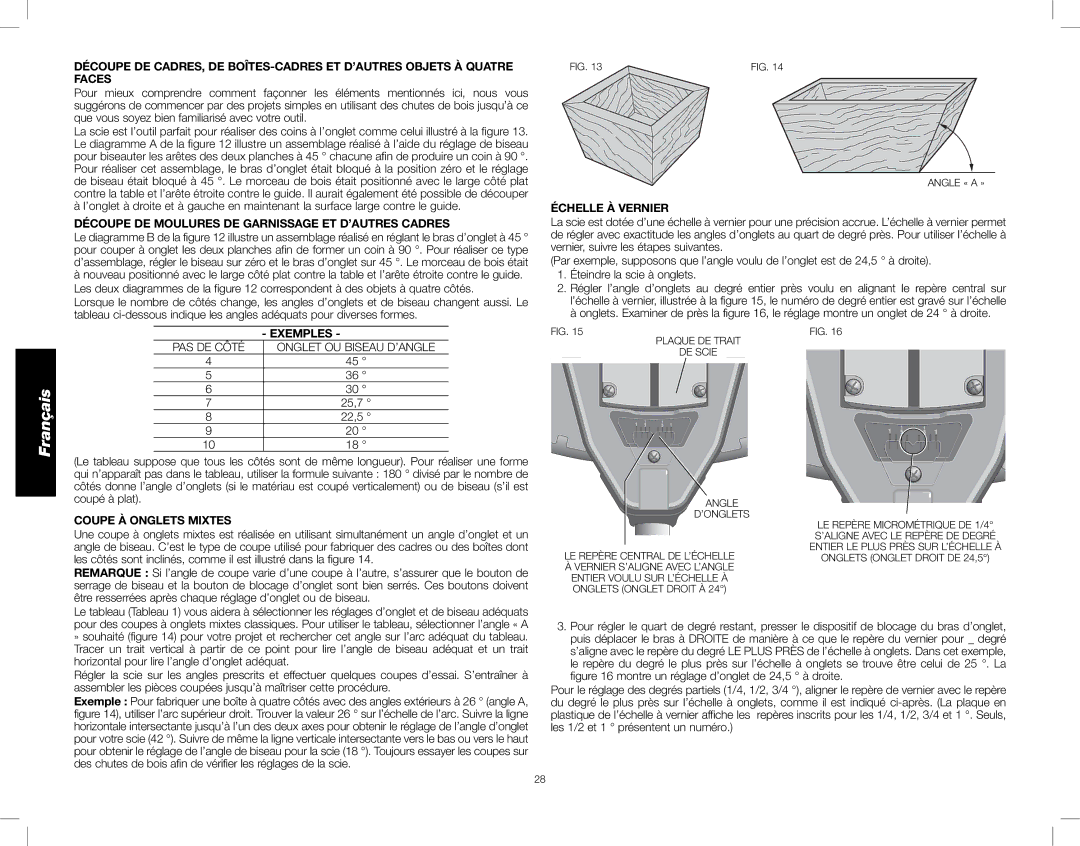 DeWalt DW716XPS Découpe DE Moulures DE Garnissage ET D’AUTRES Cadres, Exemples, PAS DE Côté Onglet OU Biseau D’ANGLE 