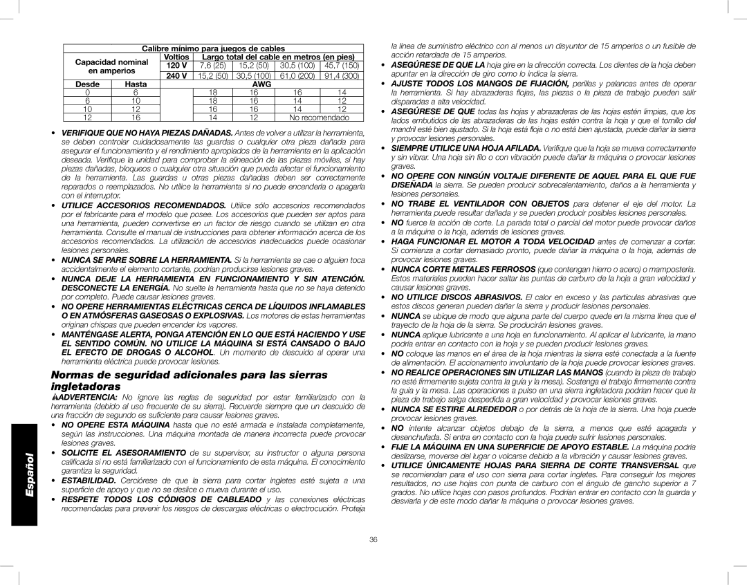 DeWalt DW716XPS instruction manual En amperios, Desde Hasta, No recomendado 