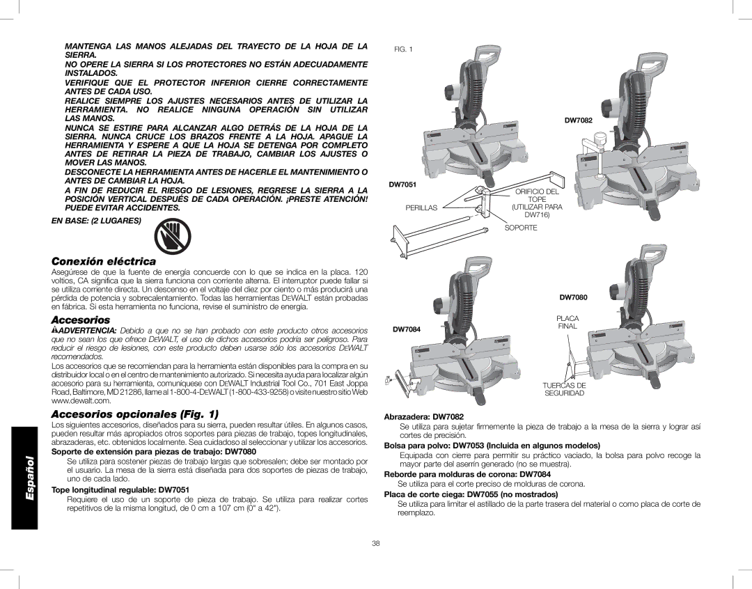 DeWalt DW716XPS instruction manual Conexión eléctrica, Accesorios opcionales Fig 