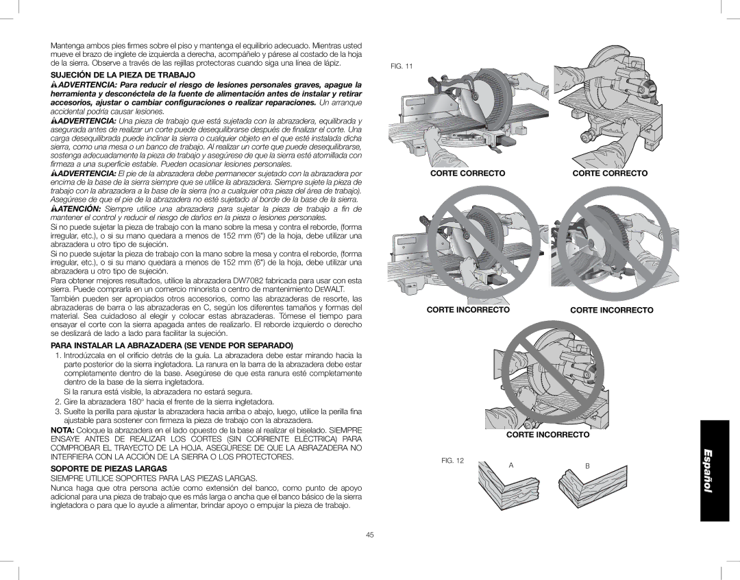 DeWalt DW716XPS instruction manual Sujeción DE LA Pieza DE Trabajo, Para Instalar LA Abrazadera SE Vende POR Separado 