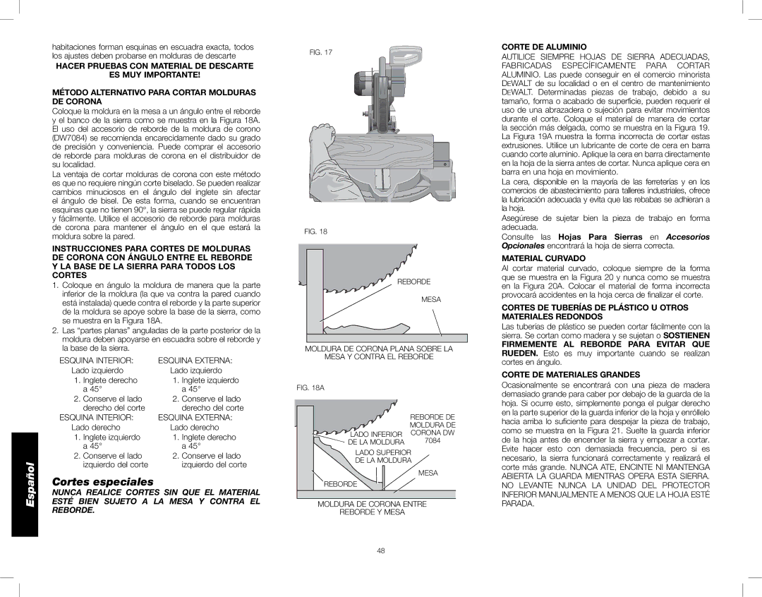 DeWalt DW716XPS instruction manual Cortes especiales, Corte DE Aluminio, Material Curvado, Corte DE Materiales Grandes 