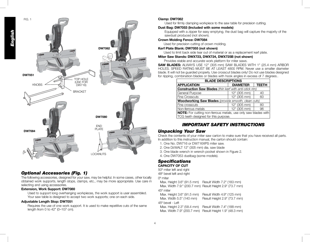 DeWalt DW716XPS Important Safety Instructions, Unpacking Your Saw, Speciﬁcations Optional Accessories Fig 