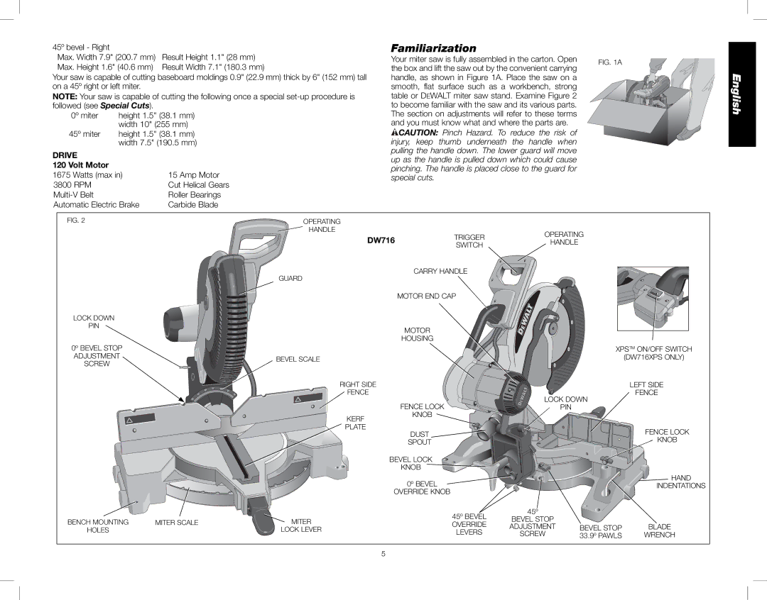 DeWalt DW716XPS instruction manual Familiarization, Drive, Volt Motor 