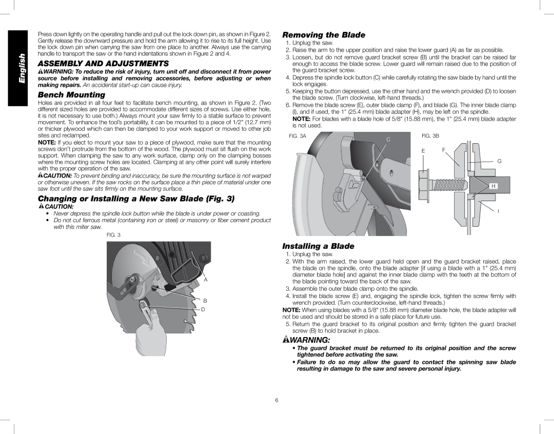 DeWalt DW716XPS Assembly and Adjustments, Bench Mounting, Removing the Blade, Changing or Installing a New Saw Blade Fig 