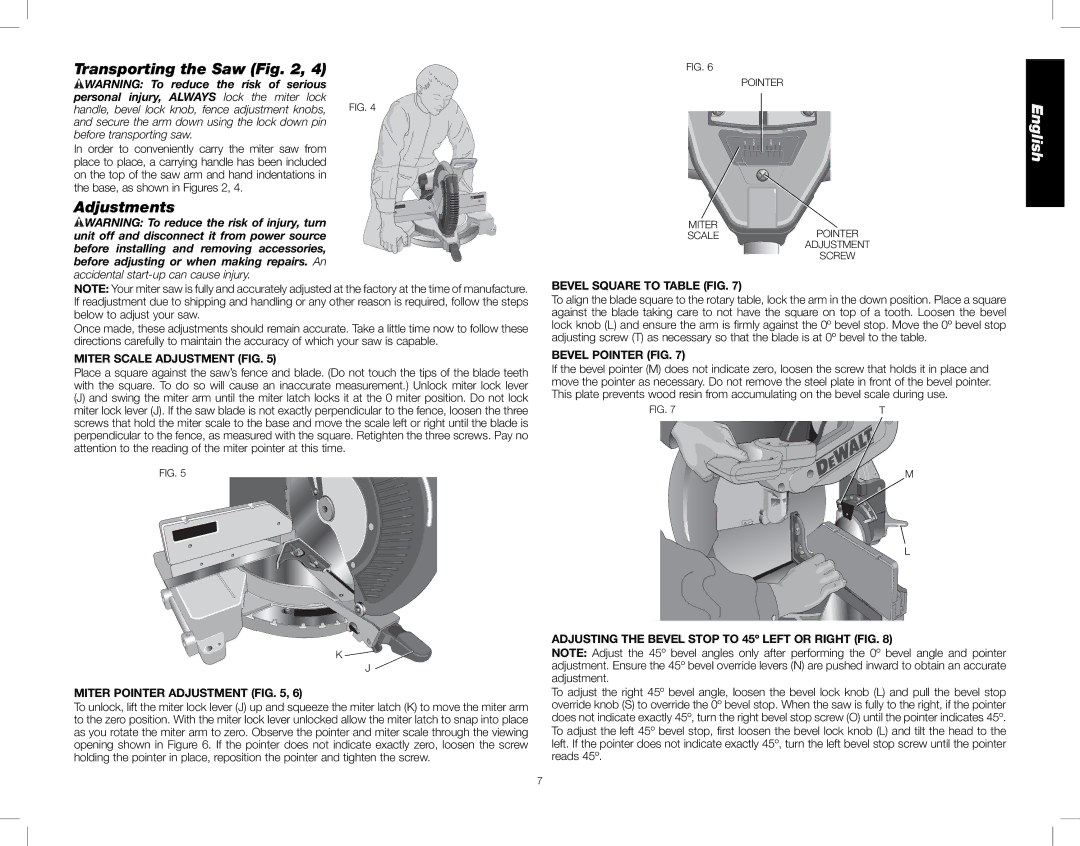 DeWalt DW716XPS instruction manual Transporting the Saw, Adjustments 