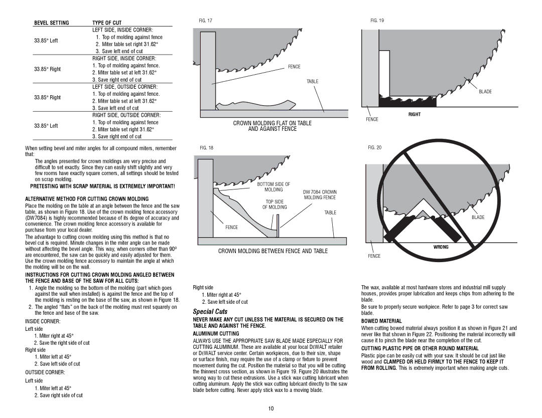 DeWalt DW717 Special Cuts, Bevel Setting Type of CUT, Alternative Method for Cutting Crown Molding, Bowed Material 