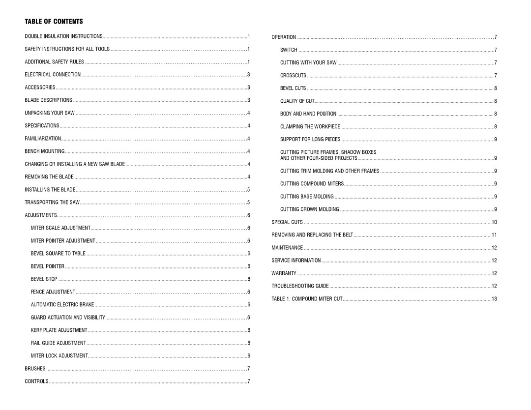 DeWalt DW717 instruction manual Table of Contents 