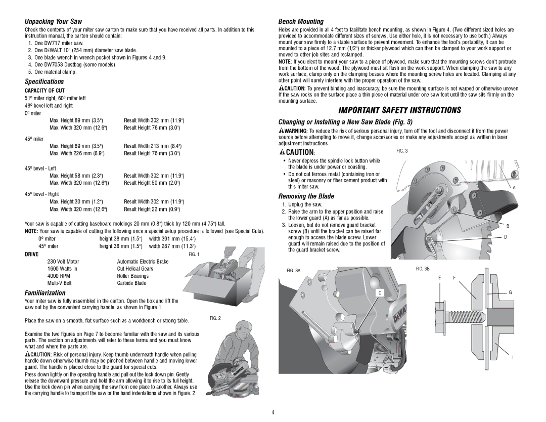 DeWalt DW717 Unpacking Your Saw, Specifications, Bench Mounting, Changing or Installing a New Saw Blade Fig 