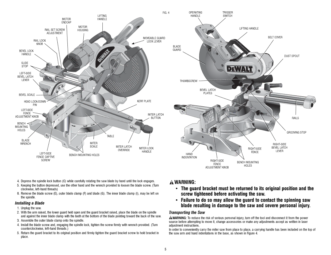 DeWalt DW717 instruction manual Installing a Blade, Transporting the Saw 