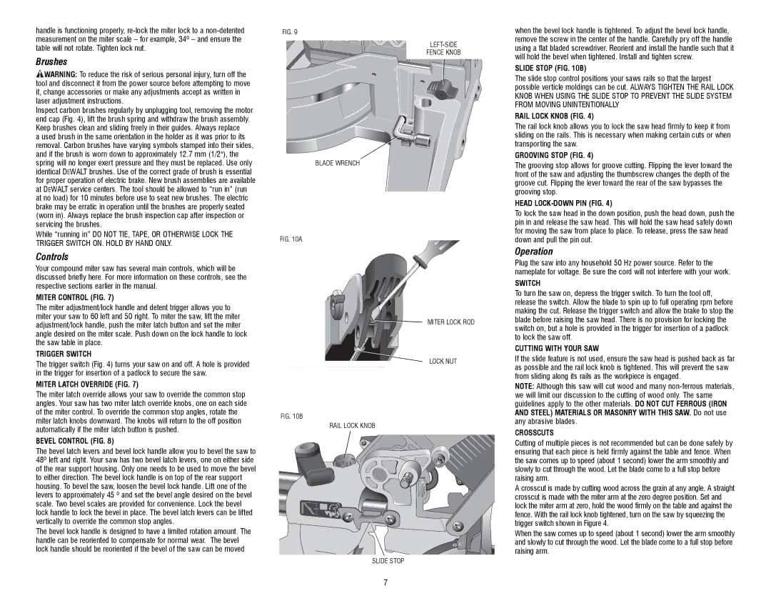 DeWalt DW717 instruction manual Brushes, Controls, Operation 