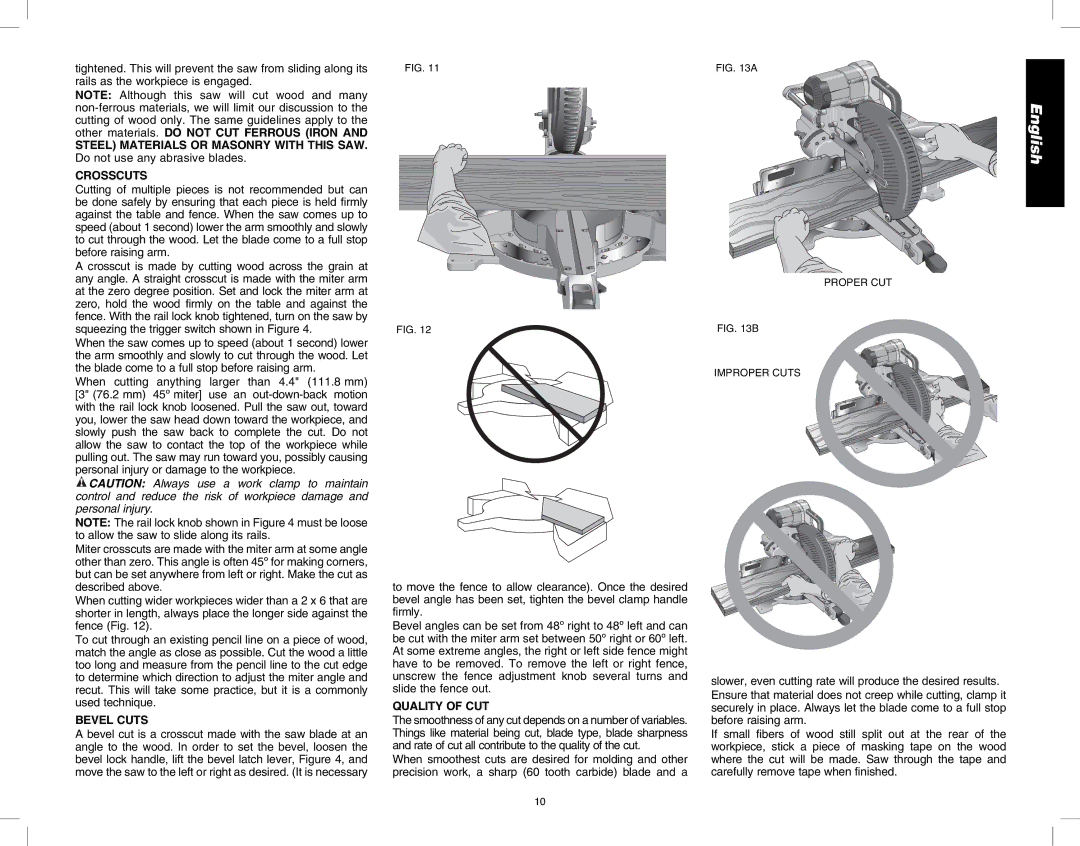 DeWalt DW717 instruction manual Crosscuts, Bevel Cuts, Quality of CUT 