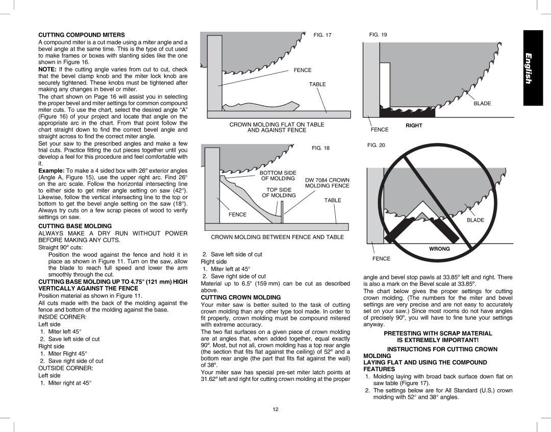 DeWalt DW717 instruction manual Cutting Compound Miters, Cutting Base Molding, Cutting Crown Molding 