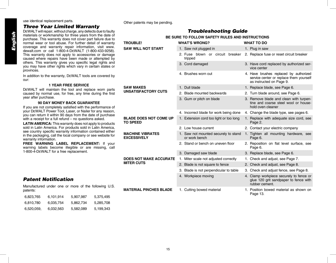 DeWalt DW717 instruction manual Three Year Limited Warranty, Patent Notification, Troubleshooting Guide 