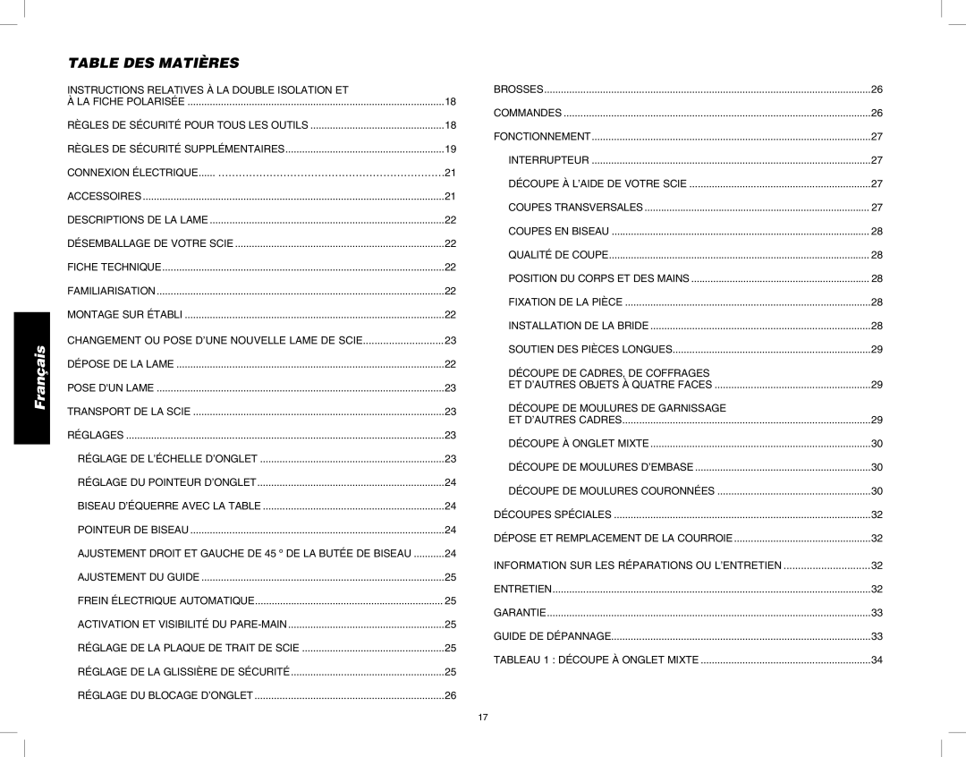 DeWalt DW717 instruction manual Table DES Matières, Ajustement Droit ET Gauche DE 45 º DE LA Butée DE Biseau 