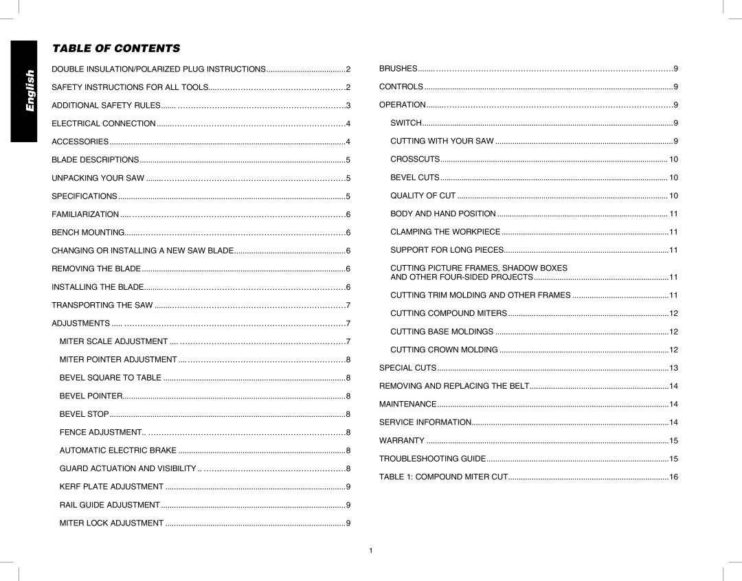 DeWalt DW717 instruction manual Table of Contents 