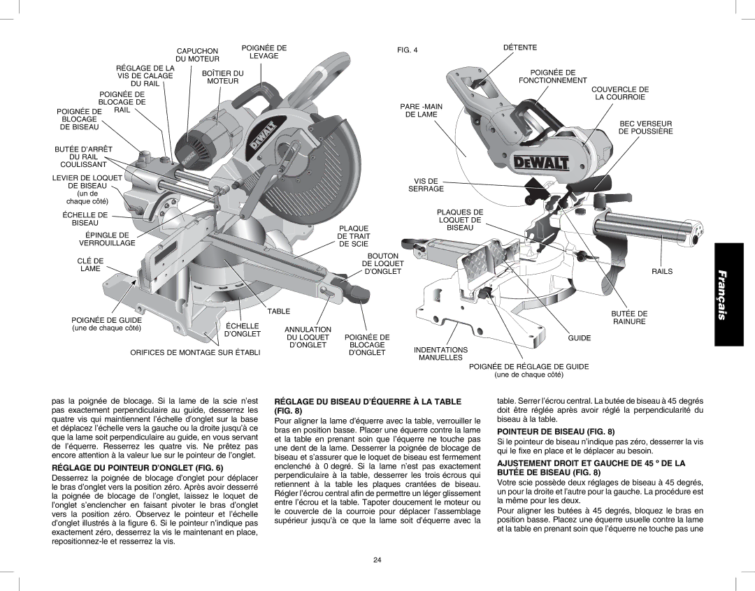 DeWalt DW717 Réglage DU Pointeur D’ONGLET FIG, Réglage DU Biseau D’ÉQUERRE À LA Table FIG, Pointeur DE Biseau FIG 