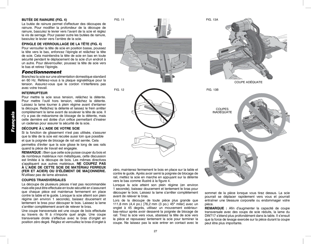 DeWalt DW717 instruction manual Fonctionnement 