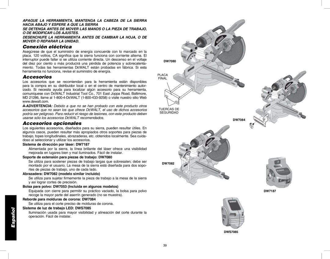 DeWalt DW717 instruction manual Conexión eléctrica, Accesorios opcionales 