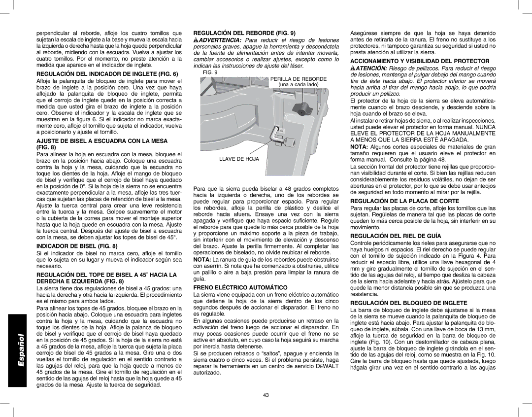 DeWalt DW717 Regulación DEL Indicador DE Inglete FIG, Ajuste DE Bisel a Escuadra CON LA Mesa FIG, Indicador DE Bisel FIG 