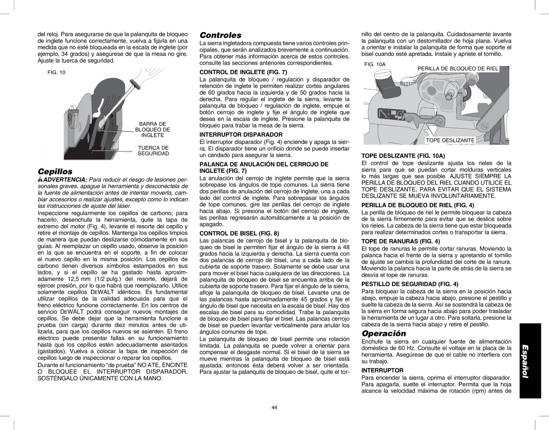 DeWalt DW717 instruction manual Cepillos, Controles, Operación 