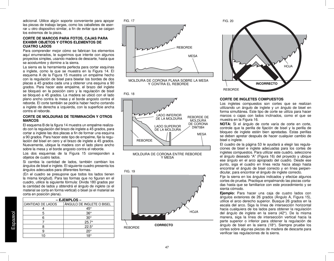 DeWalt DW717 instruction manual Corte DE Molduras DE Terminación Y Otros Marcos, Ejemplos, Corte DE Ingletes Compuestos 