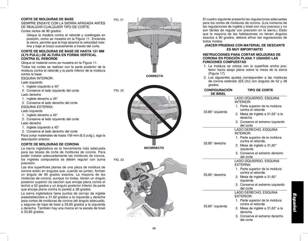 DeWalt DW717 instruction manual Corte DE Molduras DE Base, Cortes rectos de 90 grados, Corte DE Molduras DE Corona 