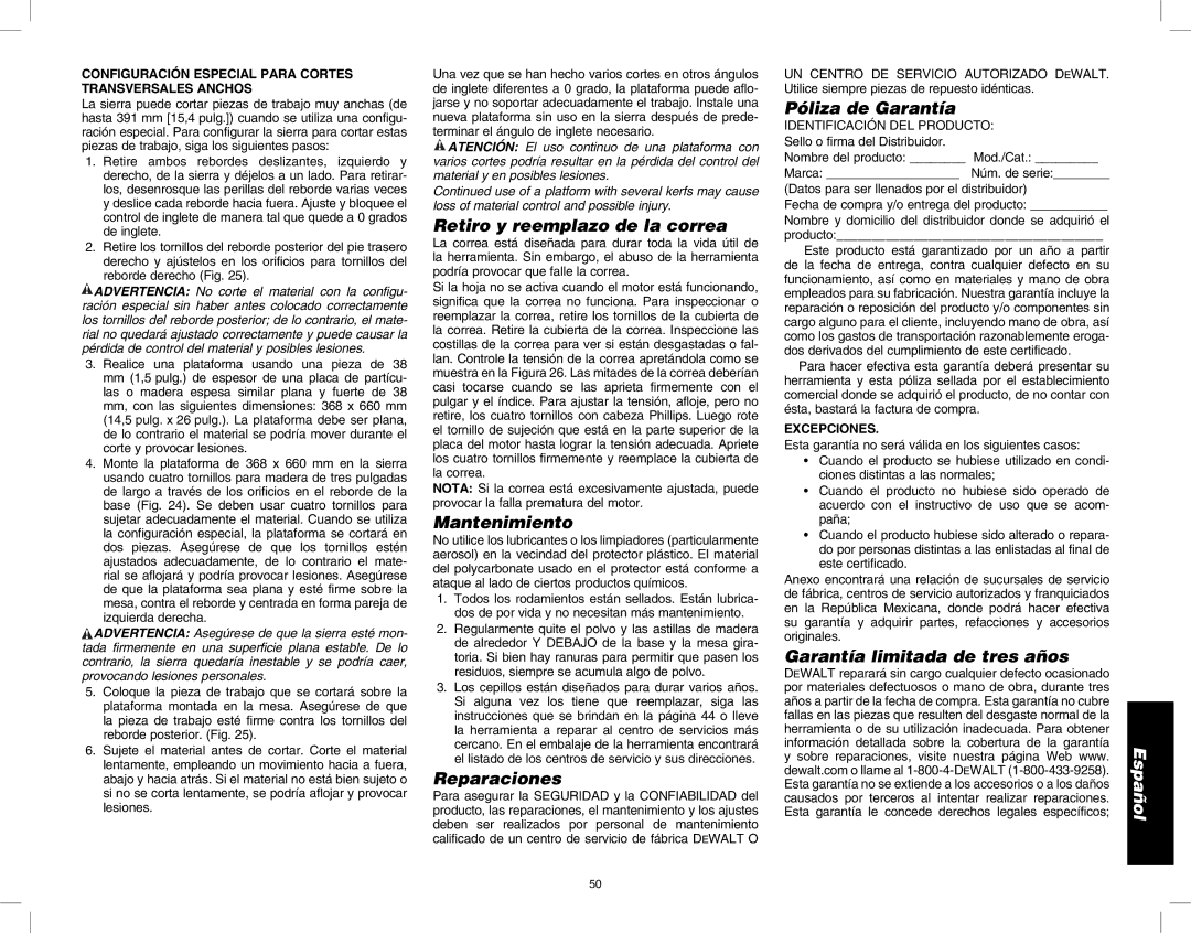 DeWalt DW717 instruction manual Retiro y reemplazo de la correa, Mantenimiento, Reparaciones, Póliza de Garantía 