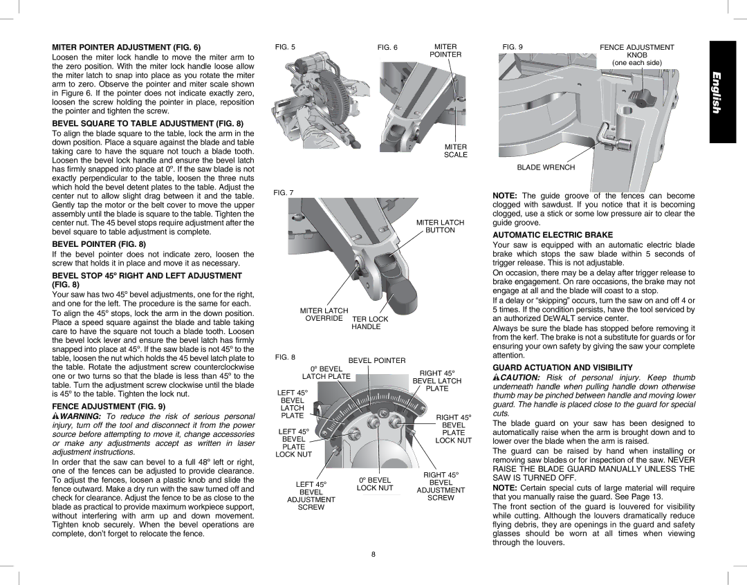 DeWalt DW717 Miter Pointer Adjustment FIG, Bevel Square to Table Adjustment FIG, Bevel Pointer FIG, Fence Adjustment FIG 