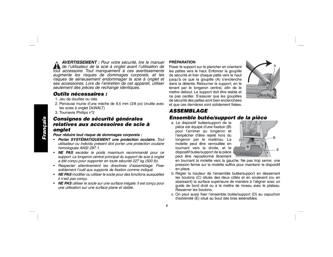 DeWalt DW723 instruction manual Outils nécessaires, Ensemble butée/support de la pièce, Préparation 