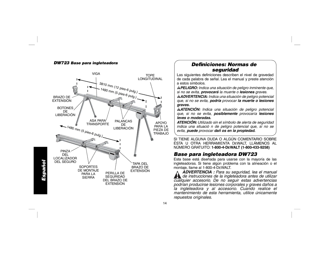 DeWalt instruction manual Deﬁniciones Normas de seguridad, Base para ingleteadora DW723 