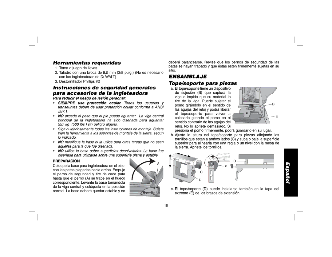 DeWalt DW723 instruction manual Herramientas requeridas, Tope/soporte para piezas, Preparación 