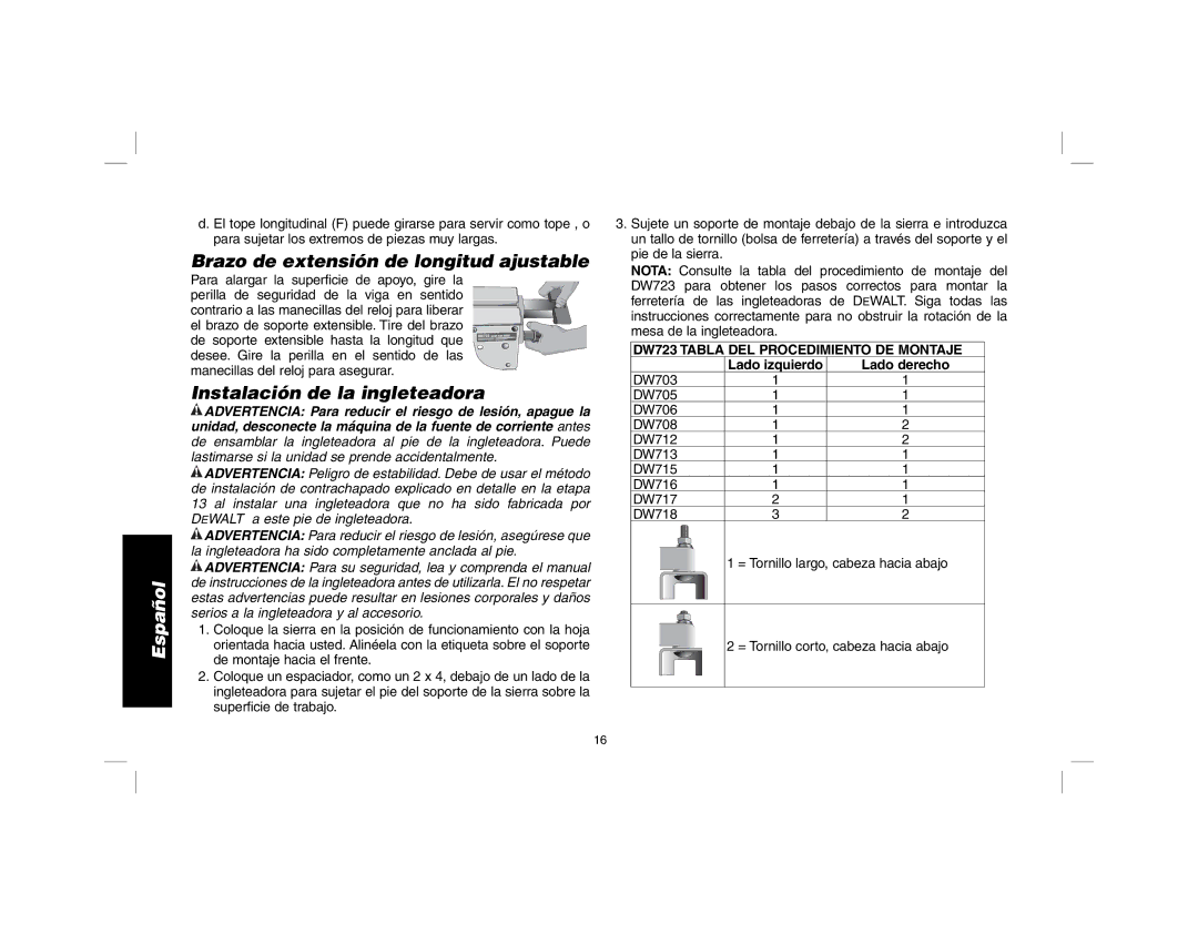 DeWalt DW723 instruction manual Brazo de extensión de longitud ajustable, Instalación de la ingleteadora 