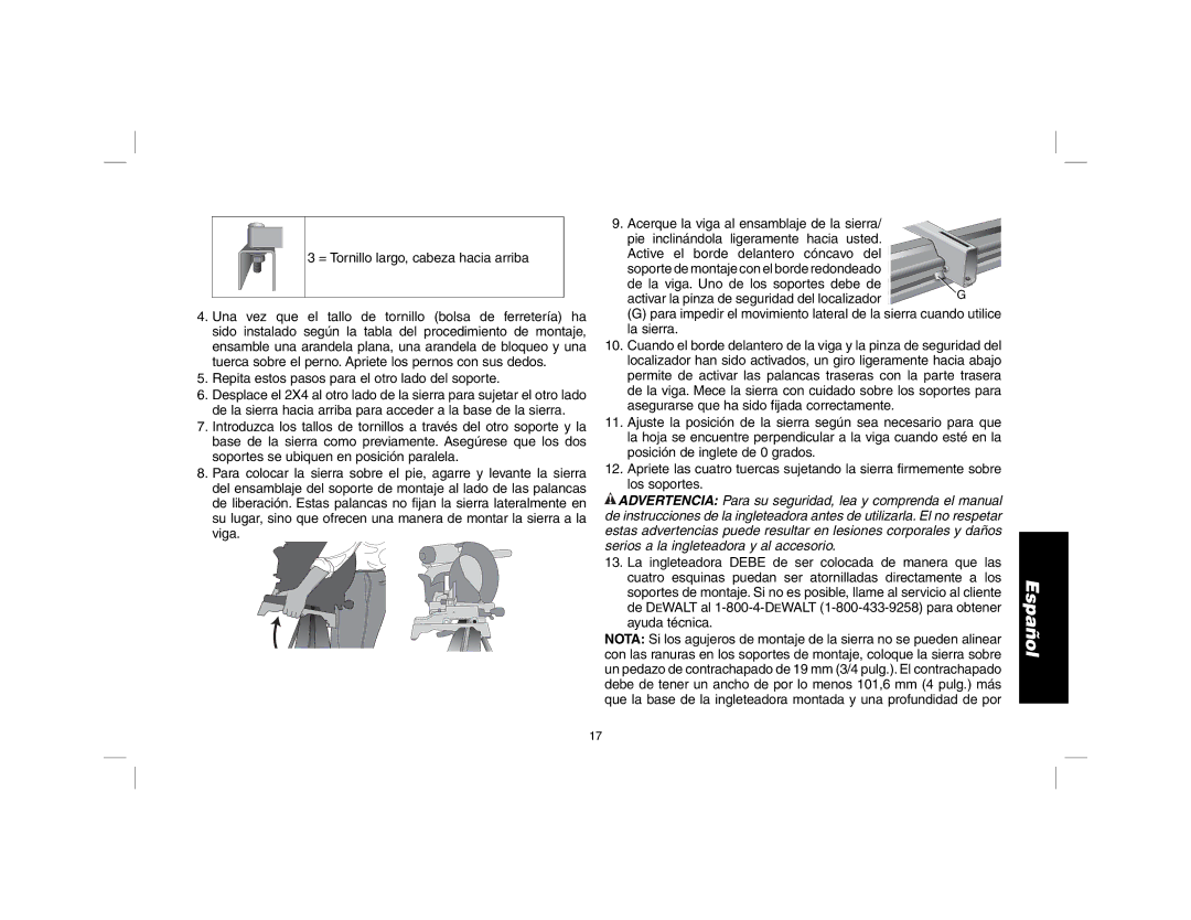 DeWalt DW723 instruction manual = Tornillo largo, cabeza hacia arriba 