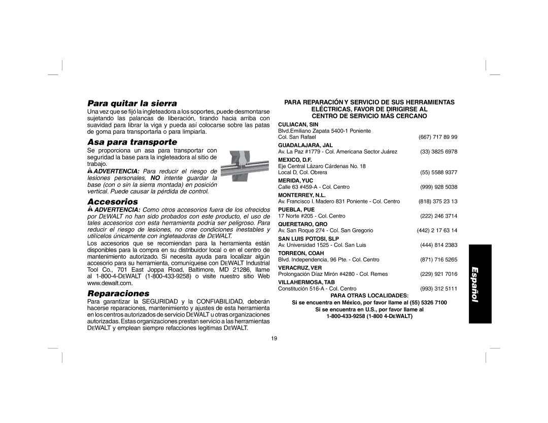 DeWalt DW723 instruction manual Para quitar la sierra, Asa para transporte, Accesorios, Reparaciones 