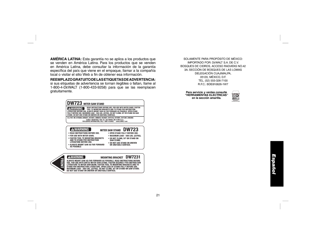 DeWalt DW723 instruction manual Reemplazogratuitodelasetiquetasdeadvertencia 