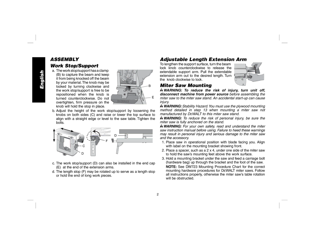 DeWalt DW723 instruction manual Work Stop/Support, Adjustable Length Extension Arm, Miter Saw Mounting 