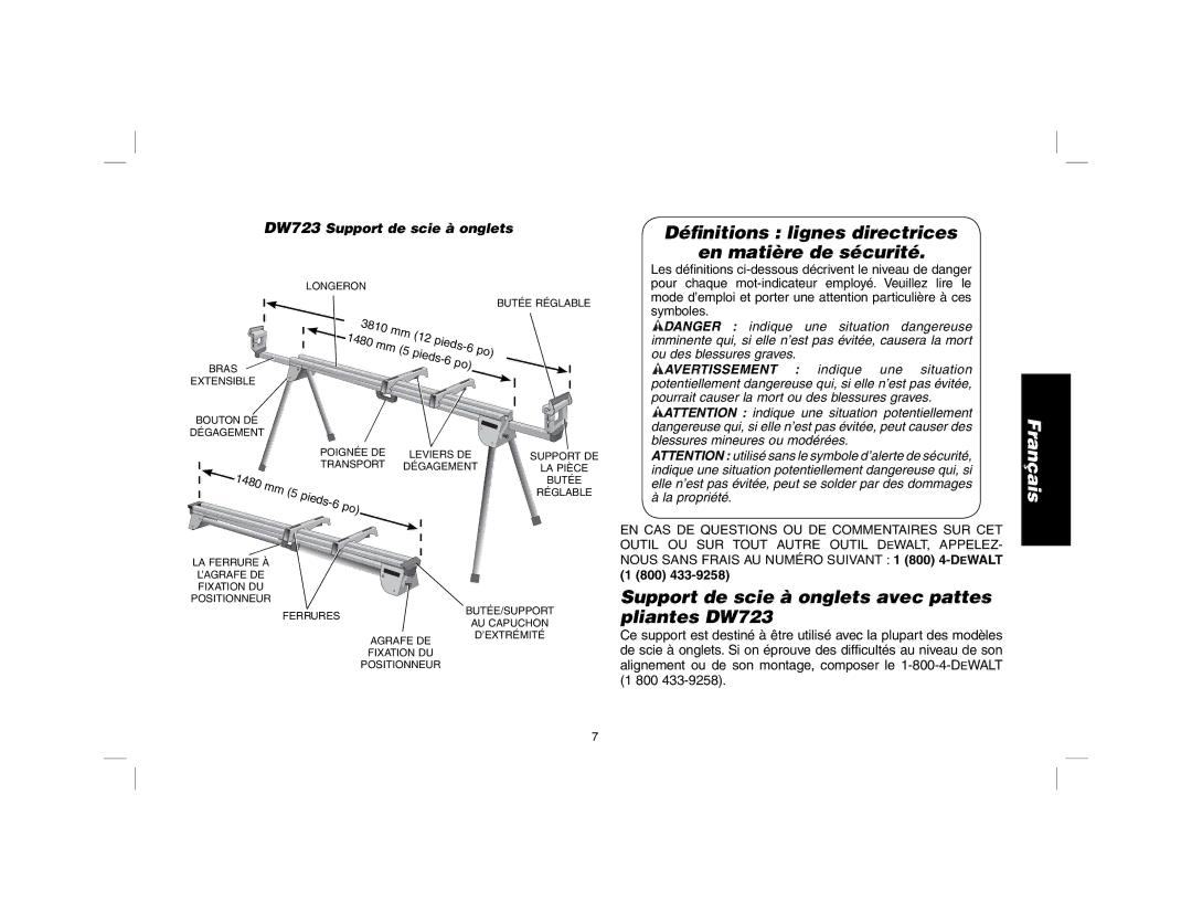 DeWalt Déﬁnitions lignes directrices En matière de sécurité, Support de scie à onglets avec pattes pliantes DW723 