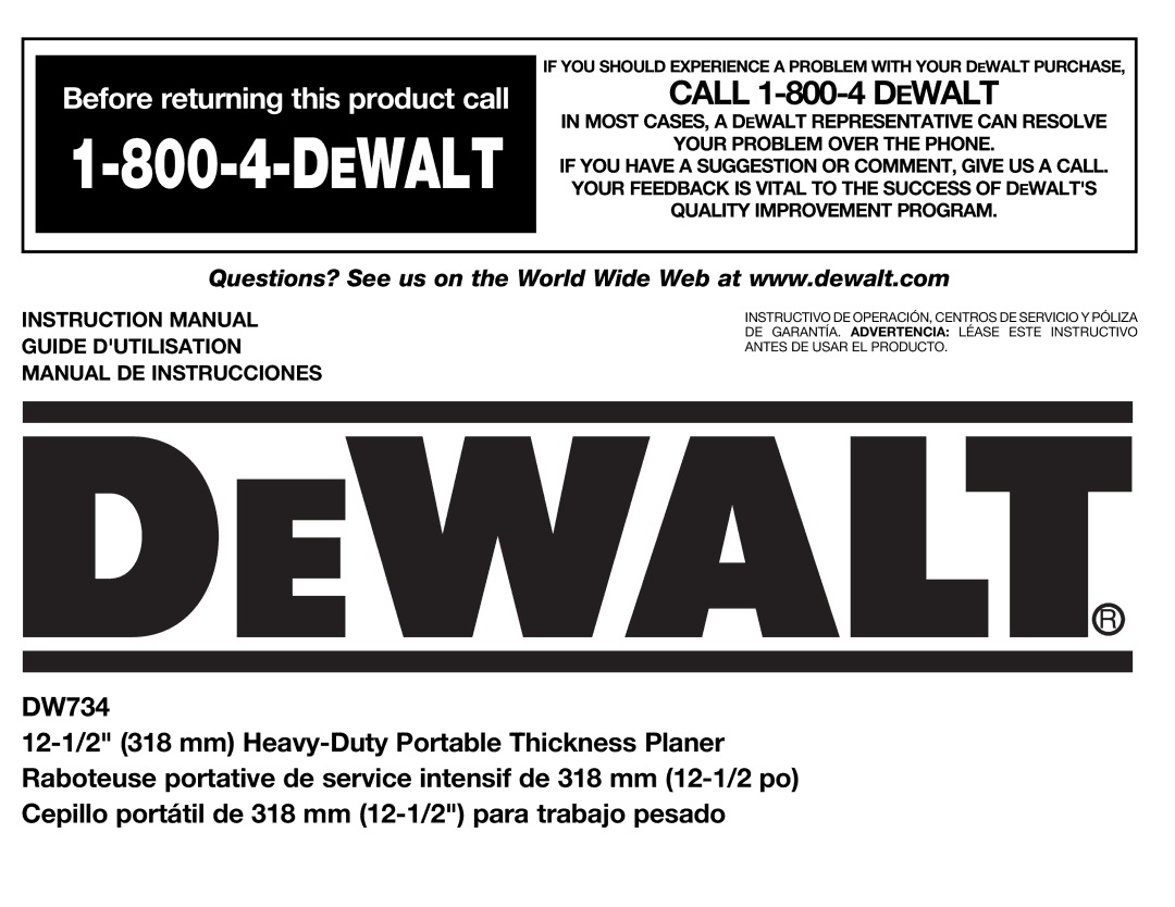 DeWalt DW734 instruction manual Dewalt 