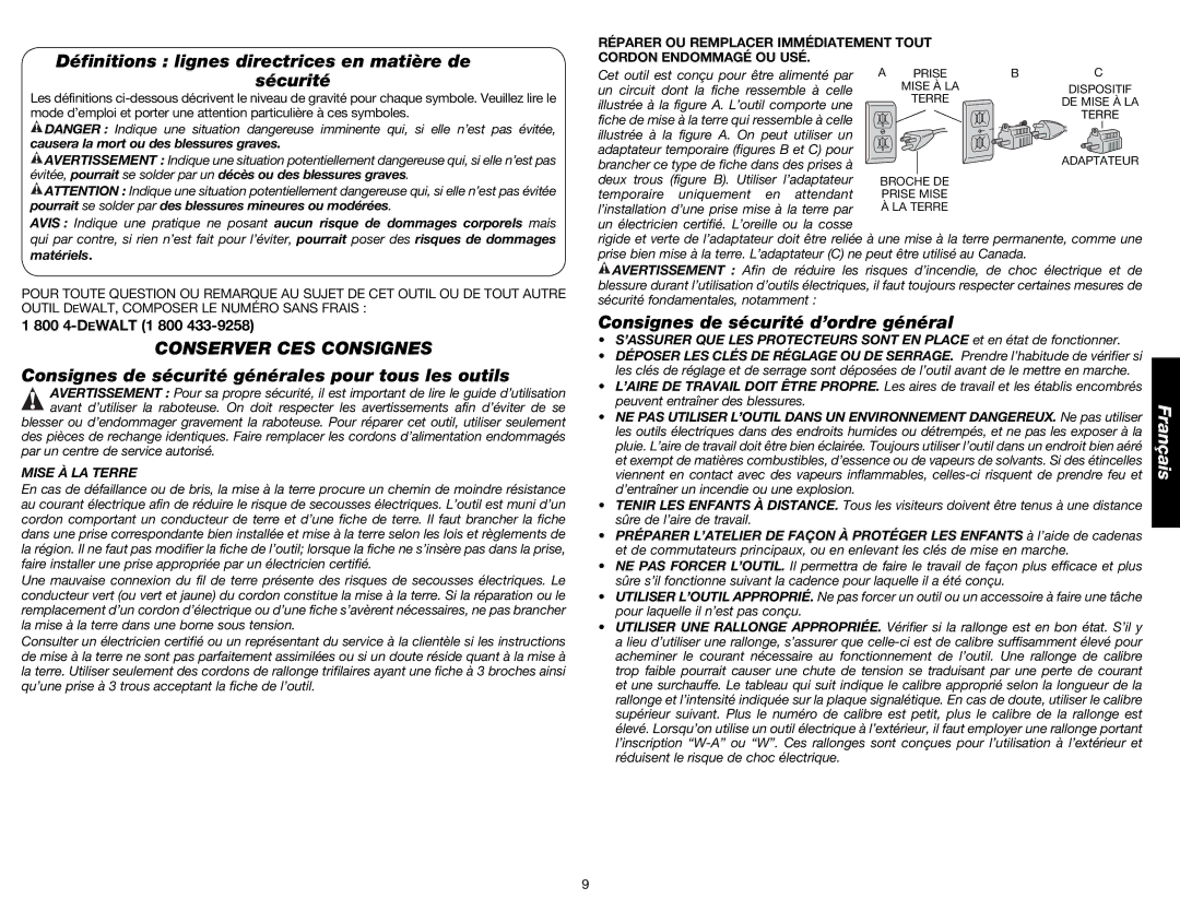 DeWalt DW734 Définitions lignes directrices en matière de sécurité, Conserver CES Consignes, Mise À LA Terre 