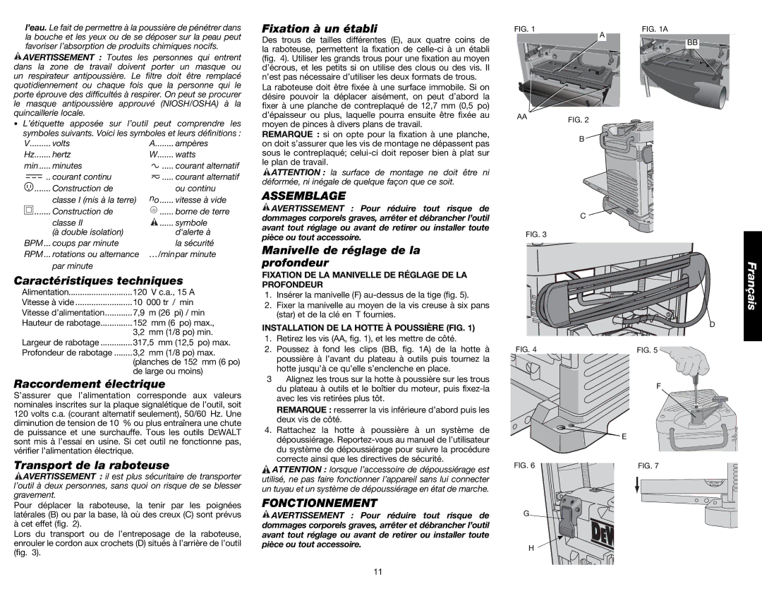 DeWalt DW734 instruction manual Assemblage, Fonctionnement 