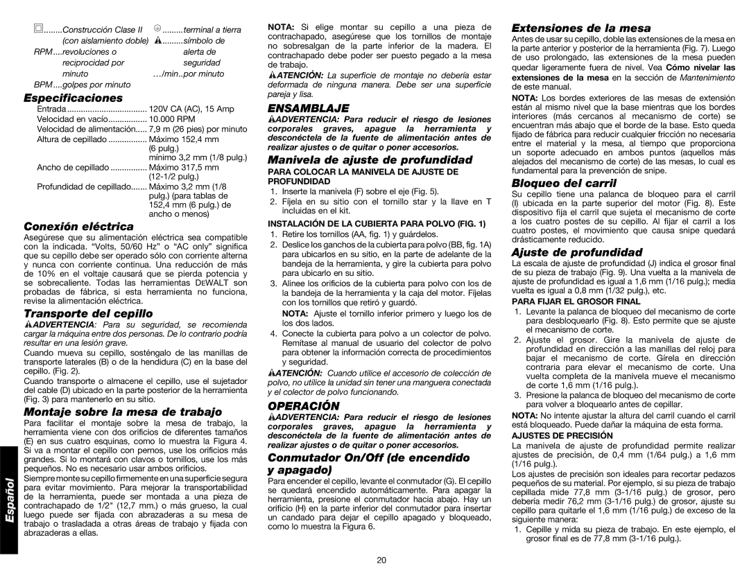 DeWalt DW734 instruction manual Ensamblaje, Operación 