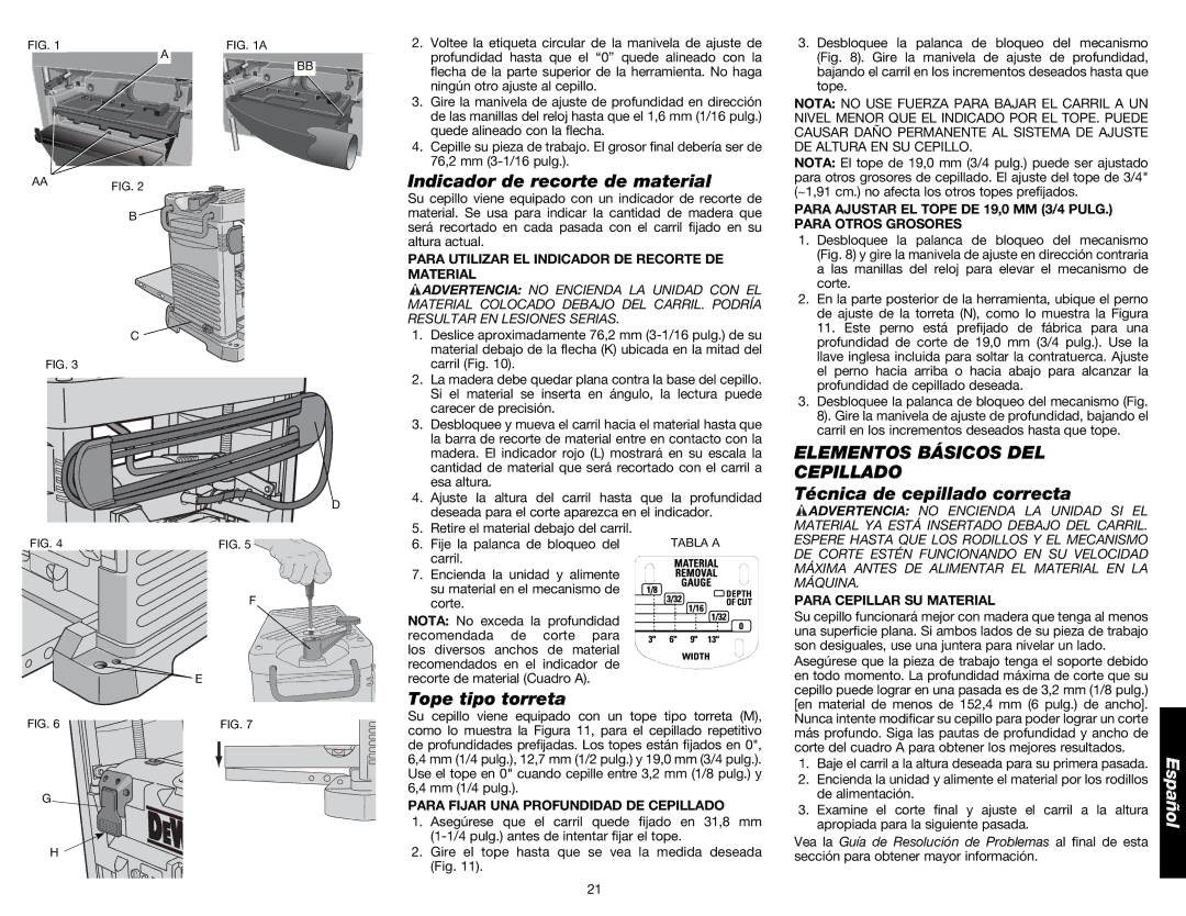 DeWalt DW734 instruction manual Indicador de recorte de material, Tope tipo torreta, Elementos Básicos DEL Cepillado 