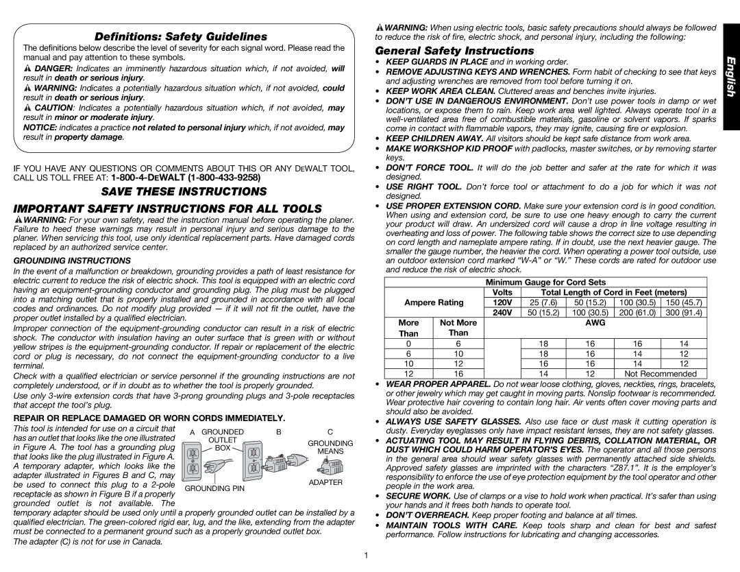 DeWalt DW734 Definitions Safety Guidelines, Important Safety Instructions for ALL Tools, General Safety Instructions 