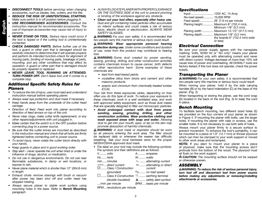 DeWalt DW734 instruction manual Assembly 