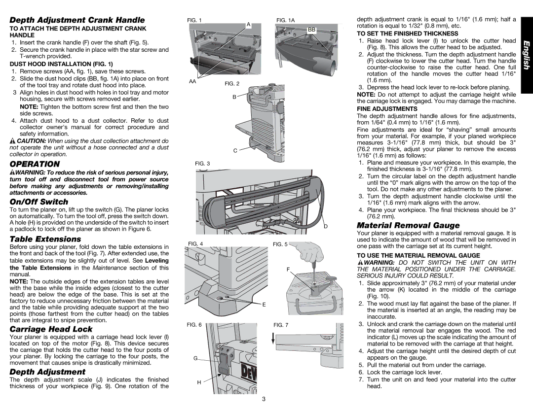 DeWalt DW734 instruction manual Operation 