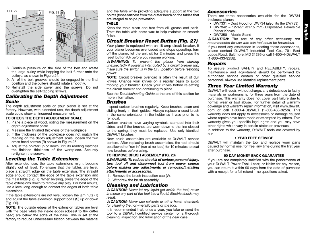 DeWalt DW734 Calibrating the Depth Adjustment Scale, Leveling the Table Extensions, Circuit Breaker Reset Button Fig 